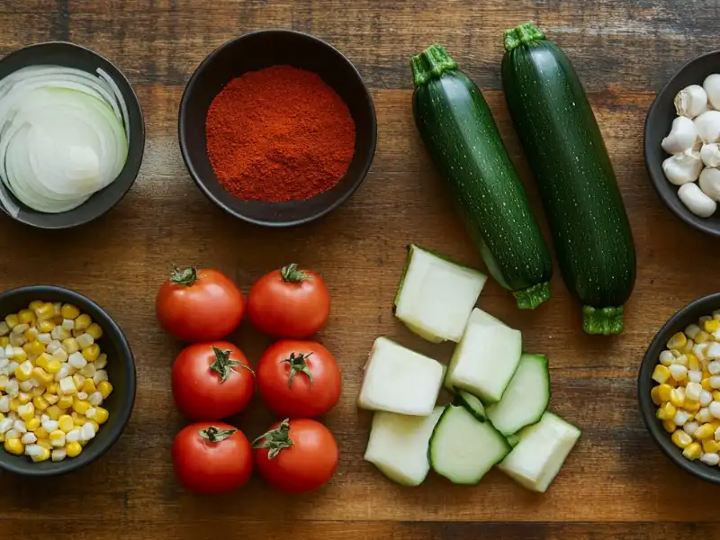 A vibrant spread of fresh vegetables and spices, including zucchini, tomatoes, onions, corn, paprika, and mozzarella on a rustic wooden surface.