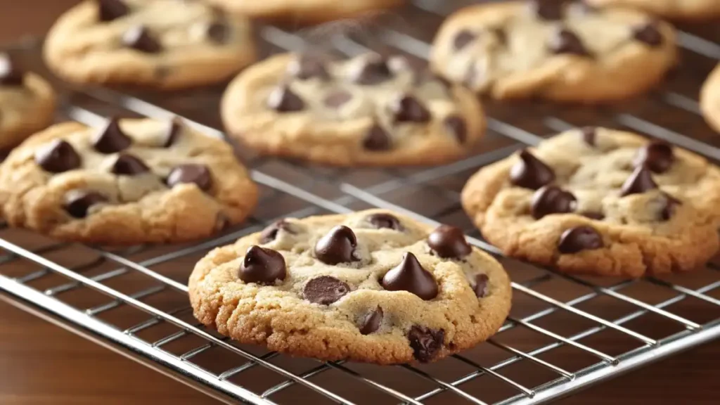 Freshly baked chocolate chip cookies cooling on a wire rack.