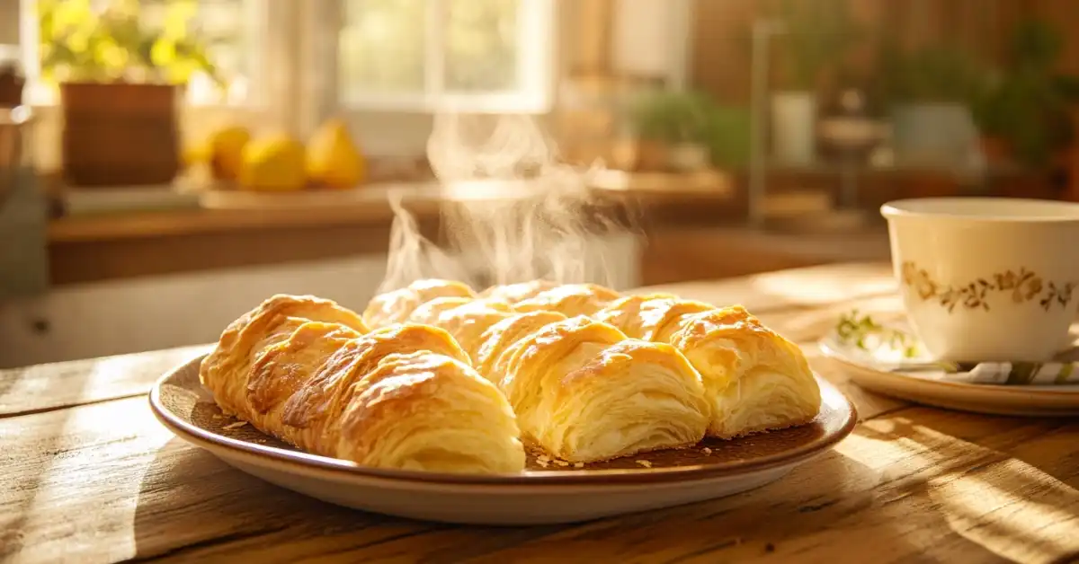 A plate of freshly baked gipfeli with steam rising, served on a rustic wooden table in a sunlit kitchen.