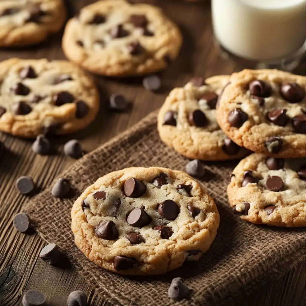 Golden-brown Toll House cookies on a rustic napkin with scattered chocolate chips and a glass of milk.