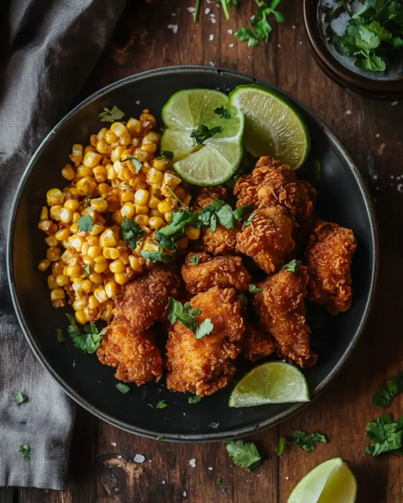 A bowl of fried chicken served with roasted corn and lime wedges.