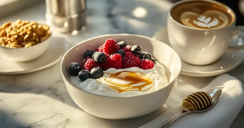 A bowl of yogurt topped with fresh berries and honey, paired with a cappuccino on a marble breakfast table.