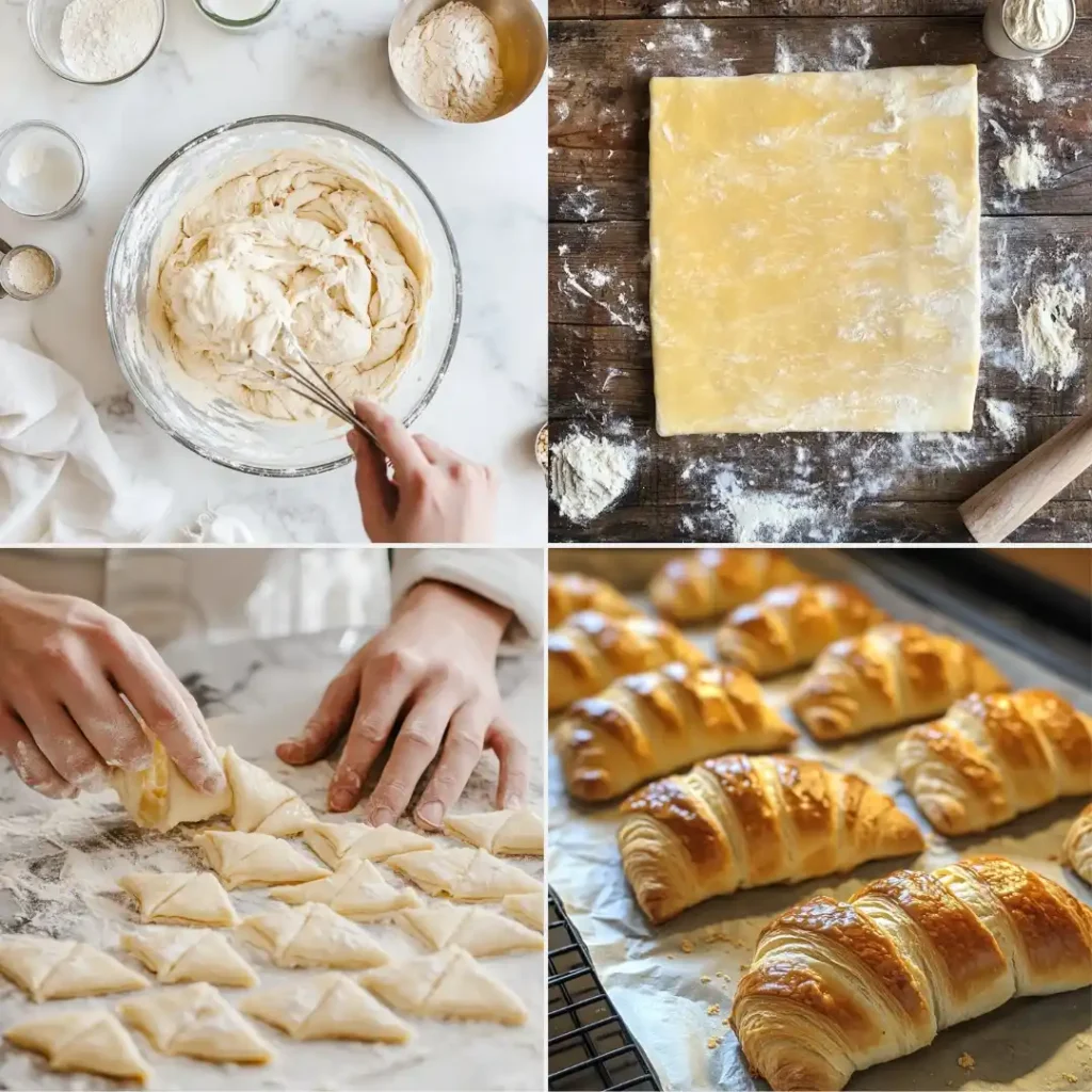 Step-by-step process of making Swiss gipfeli, including dough preparation, rolling, shaping, and baked results.