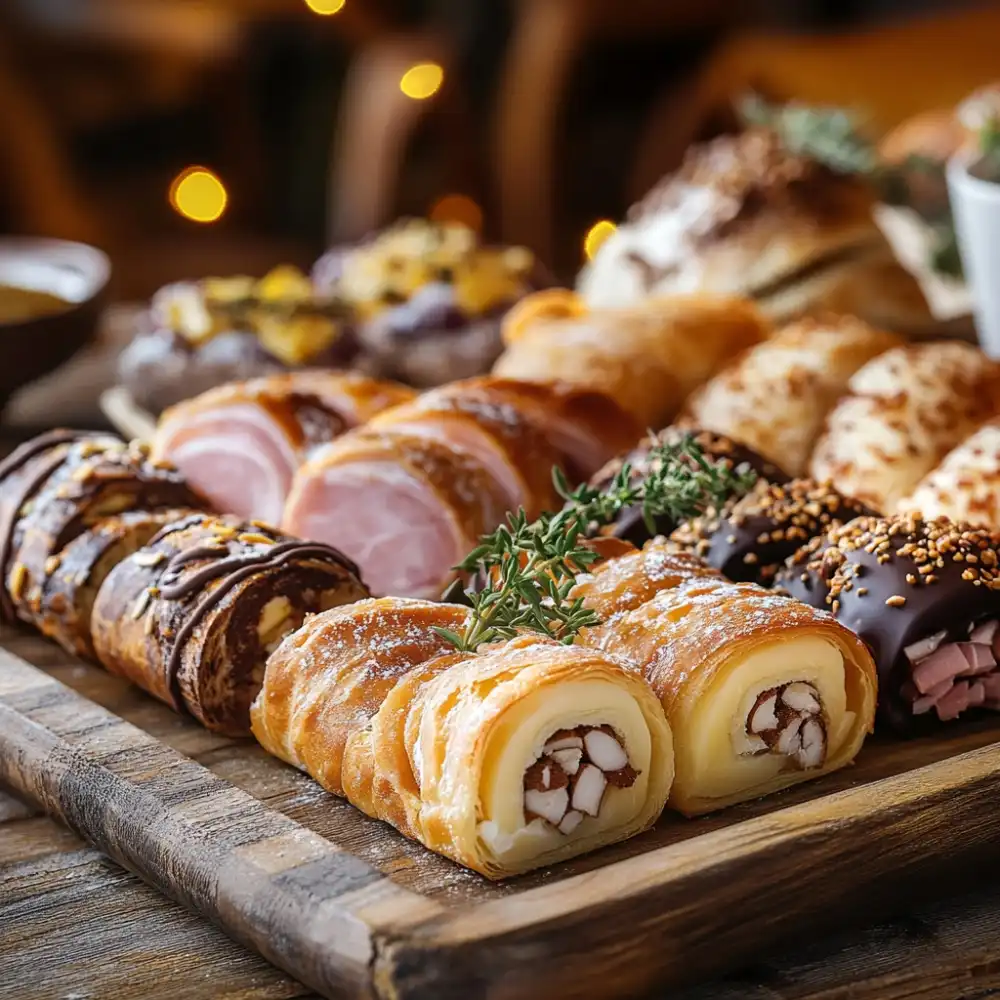 An assortment of sweet and savory gipfeli, filled with chocolate, almond paste, and ham and cheese, displayed on a wooden tray.