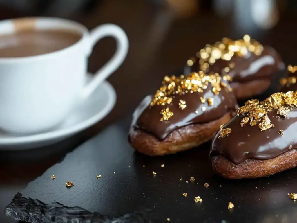 Chocolate eclairs adorned with edible gold dust, served on a dark plate with a cup of coffee.