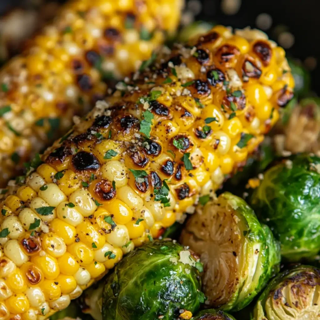 Grilled corn and Brussels sprouts garnished with herbs and spices.