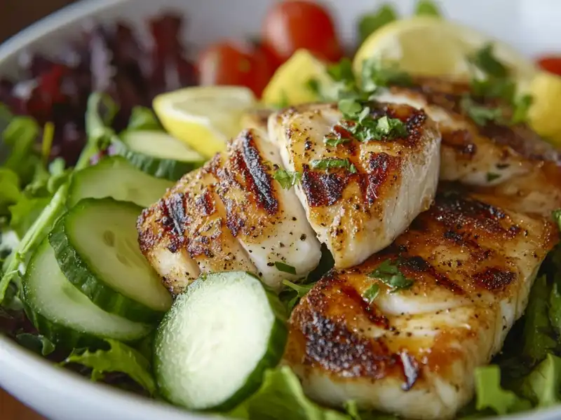 A vibrant salad topped with grilled fish fillets, cucumber slices, cherry tomatoes, and lemon wedges.