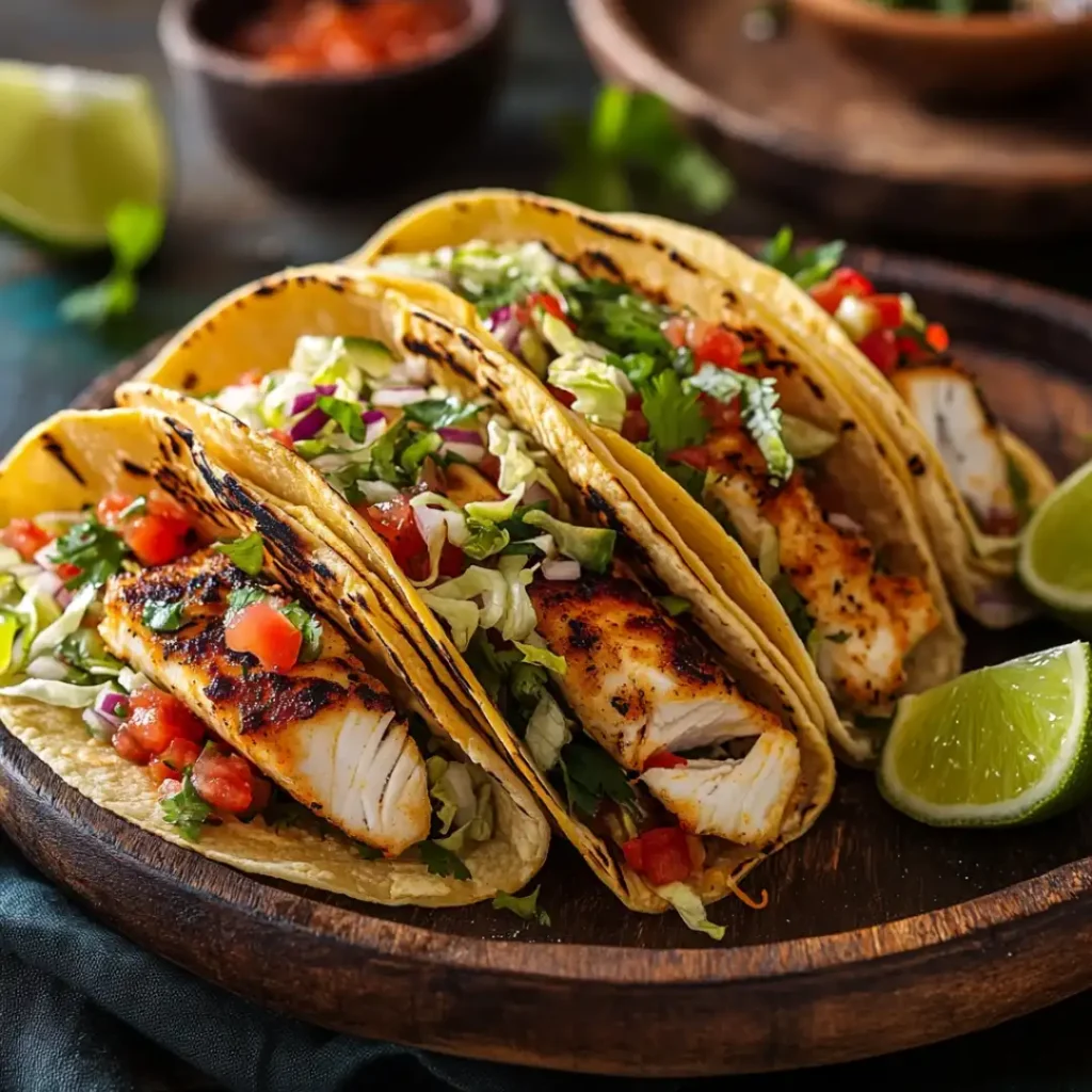 Grilled fish tacos served with fresh lettuce, tomatoes, and lime wedges in golden corn tortillas.