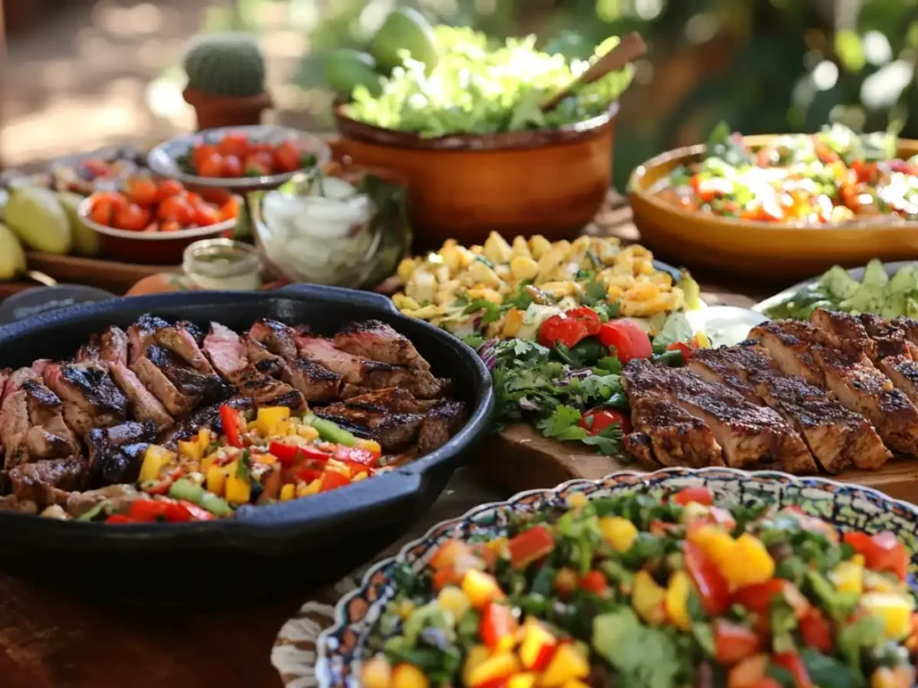 A spread of grilled steak slices accompanied by vibrant vegetable side salads, including mango salsa, corn salad, and fresh greens.