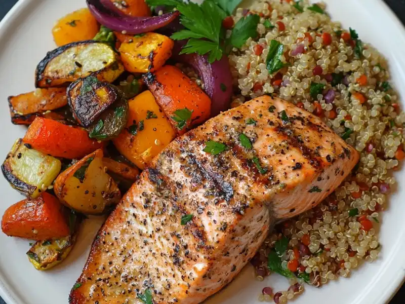 Grilled steelhead trout served with roasted vegetables and a quinoa salad on a plate.