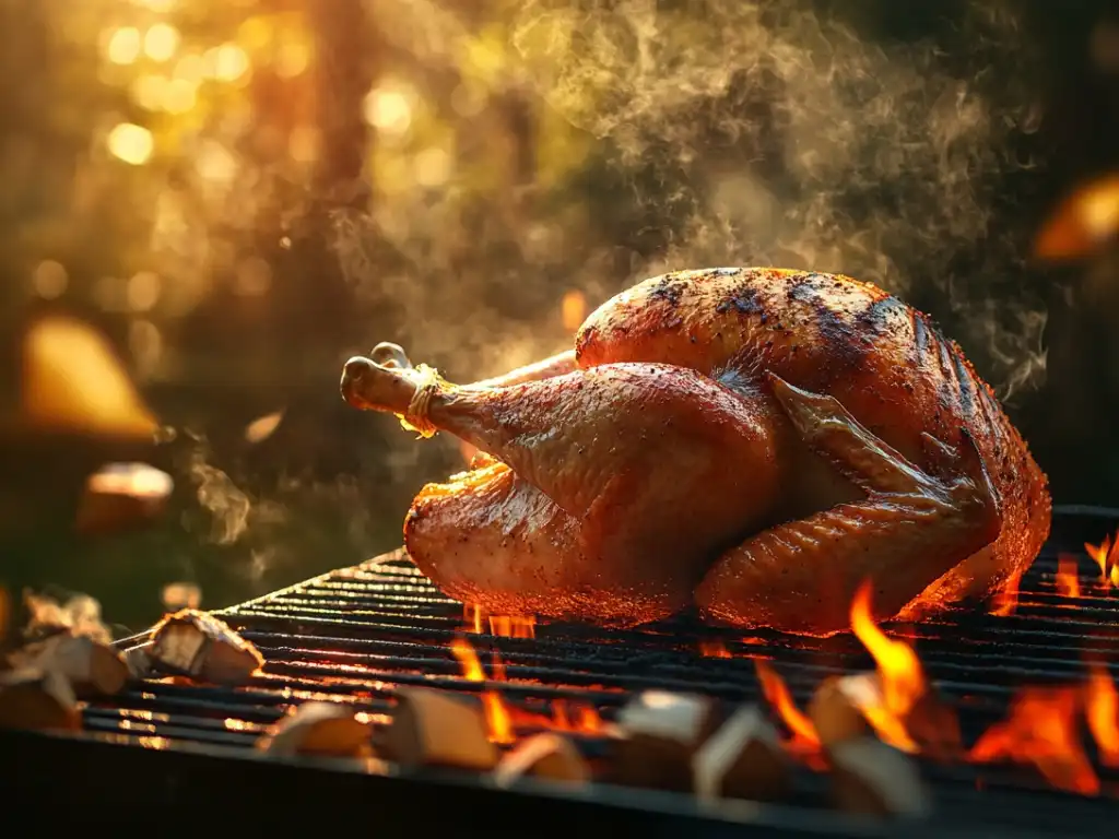 A perfectly grilled turkey infused with marinade, cooking on a barbecue.