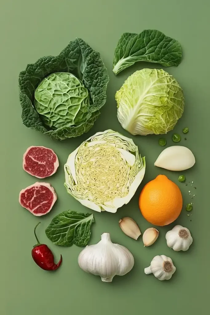 Flat lay of fresh cabbage, ground beef, garlic, chili, and other ingredients for a ground beef and cabbage recipe.