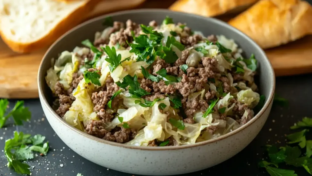 Ground beef and cabbage recipe served in a rustic bowl garnished with fresh parsley.