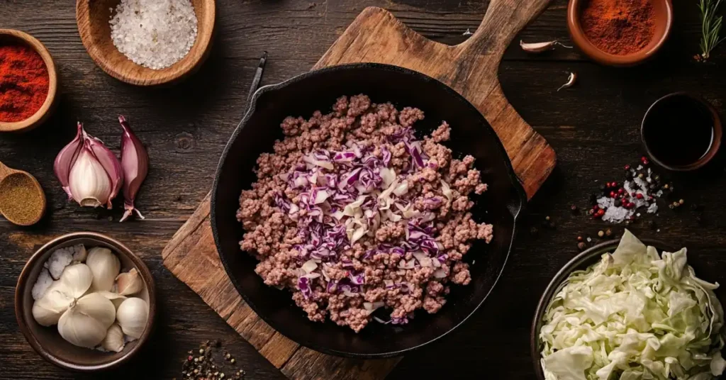 Beautifully plated ground beef and cabbage dish served with bread and sides on a wooden table.