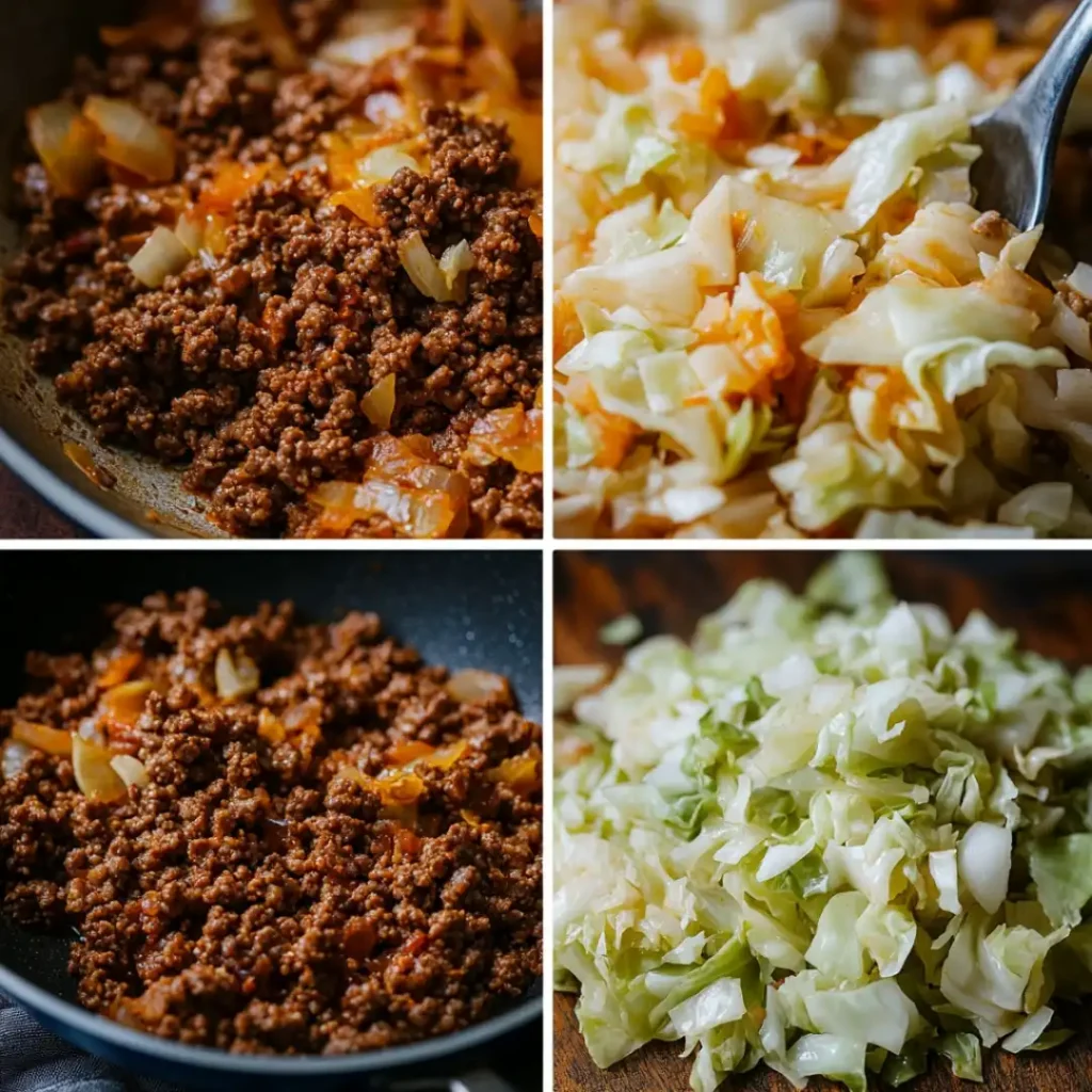 Step-by-step process of cooking ground beef and cabbage with fresh ingredients and seasonings.