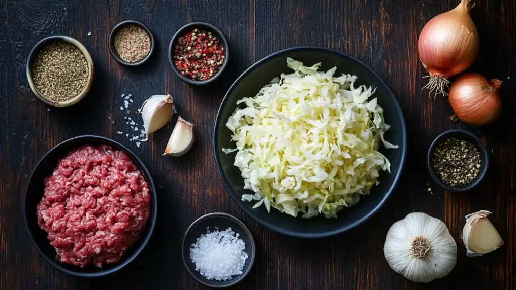 Ground beef, shredded cabbage, onions, garlic, and seasonings arranged on a wooden table for a beef and cabbage recipe.