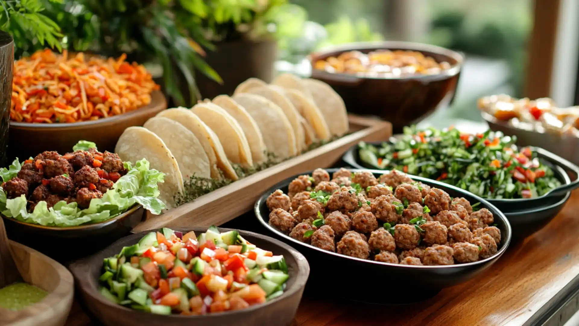 A buffet table with ground chicken meatballs, tacos, fresh salads, and colorful side dishes.