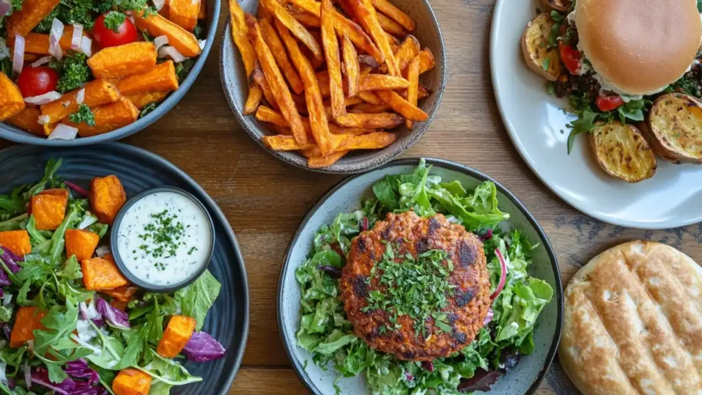 A table spread featuring ground chicken burgers, sweet potato fries, and a fresh salad with a yogurt dip.