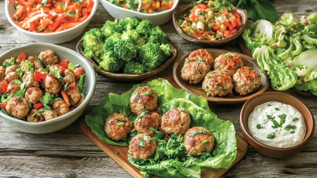 Ground chicken meatballs served on lettuce leaves with broccoli, dipping sauce, and fresh salad bowls.