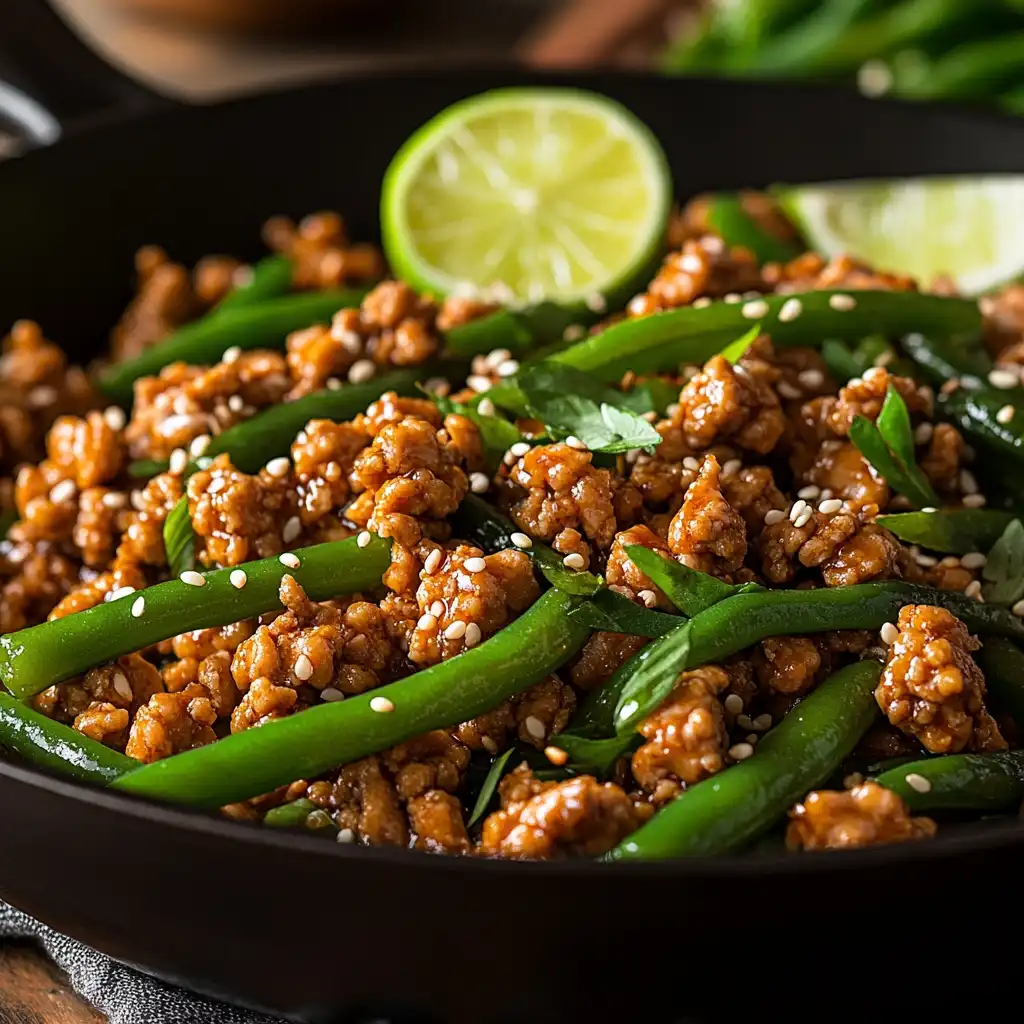 Sizzling ground chicken stir fry with fresh green beans, sesame seeds, and lime garnish in a skillet.