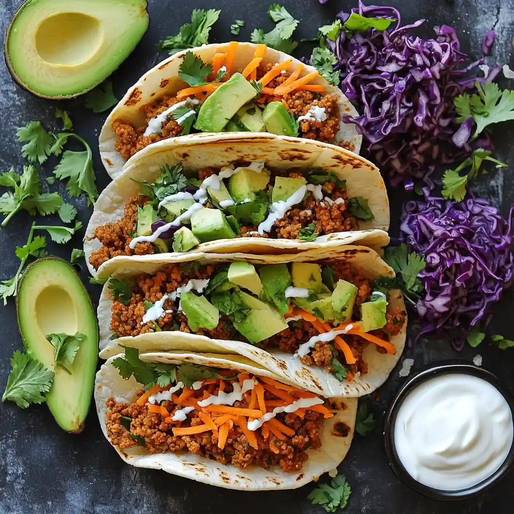 Tacos filled with ground chicken, avocado slices, shredded carrots, purple cabbage, and yogurt drizzle.