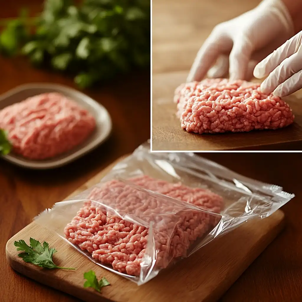 Gloved hands handling raw ground chicken on a cutting board with packaged portions beside it.