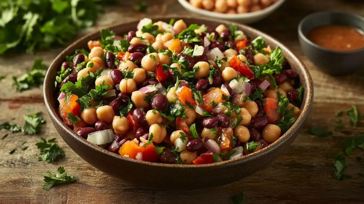 Hearty chickpea and bean salad with herbs and a light dressing, served in a rustic bowl.