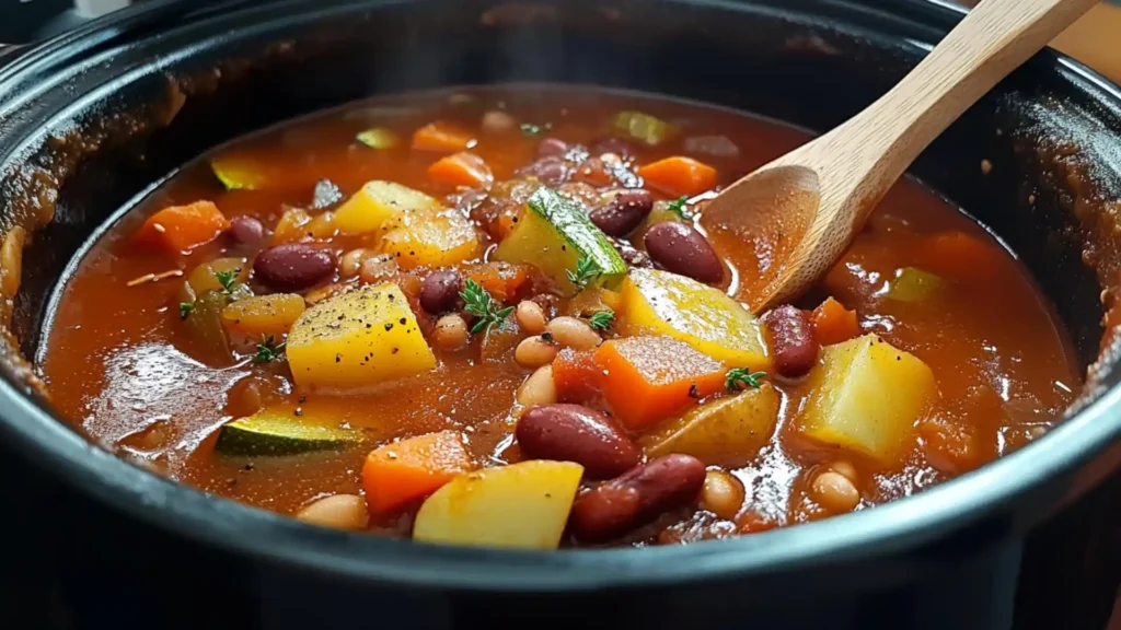 A pot of steaming vegetable stew with chunks of carrots, potatoes, beans, and zucchini in a rich tomato broth.