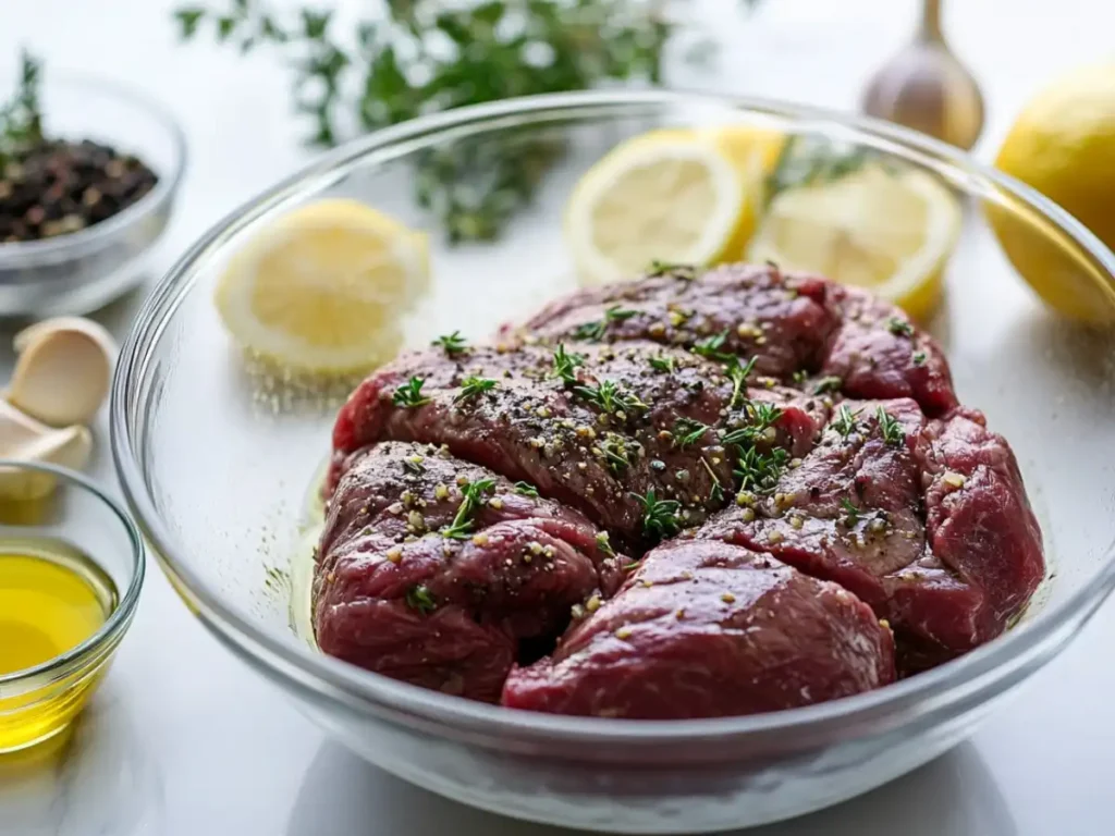 Freshly marinated steak in a glass bowl with lemon slices, olive oil, and herbs in the background.