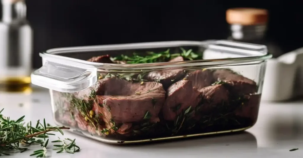 Herb-marinated steak pieces stored in a glass container with rosemary and spices.
