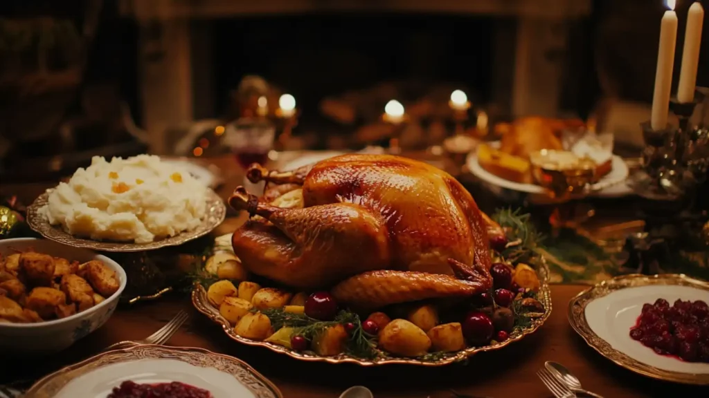 A holiday dinner table with a roasted turkey centerpiece and festive decorations.