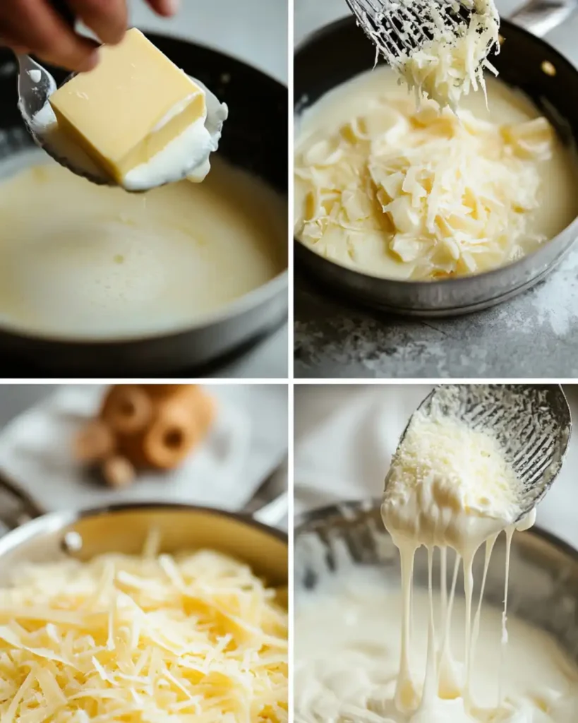 Step-by-step preparation of creamy Alfredo sauce with butter, cream, and cheese melting in a skillet.