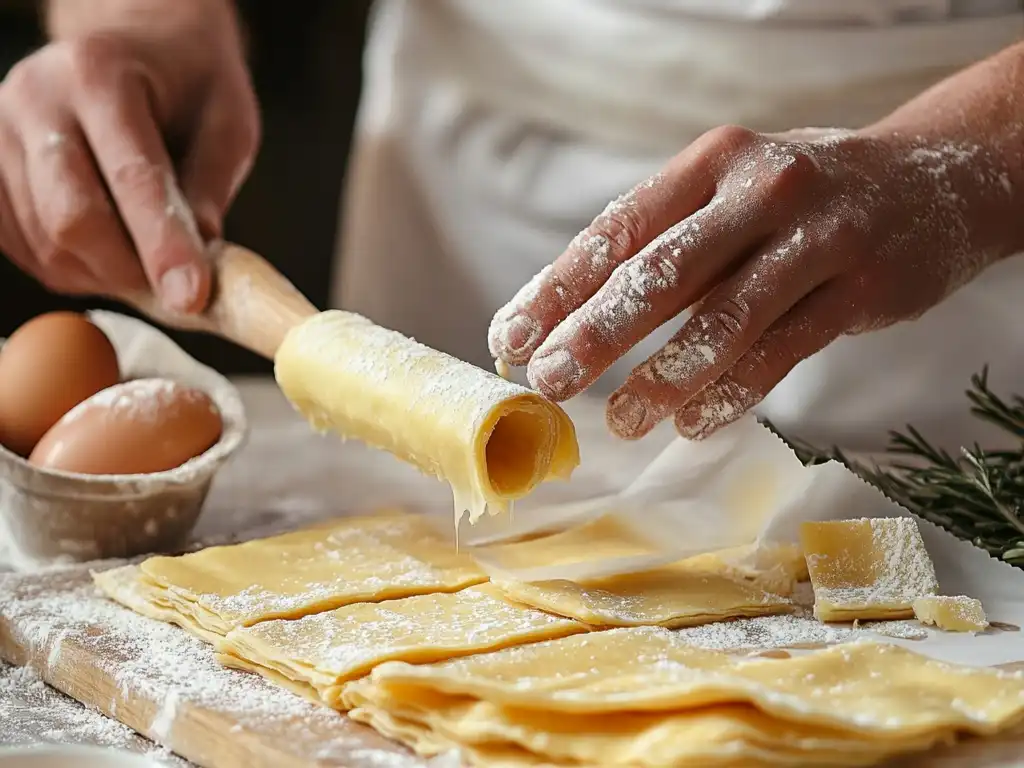 Hands rolling fresh homemade pasta dough with eggs on a wooden surface.