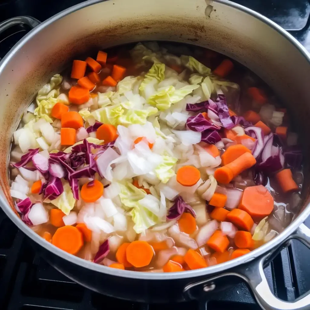 Large stainless steel pot filled with chopped carrots, onions, and cabbage simmering in broth.