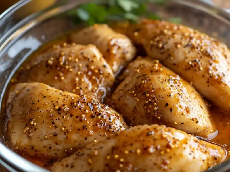 Chicken breasts marinated in honey mustard sauce with visible seasonings in a glass bowl, garnished with fresh parsley in the background.