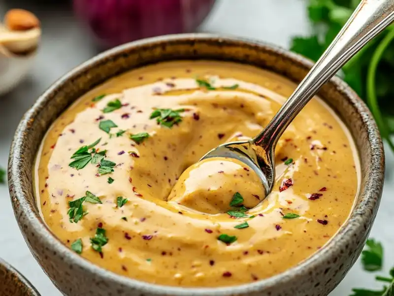 A bowl of creamy honey mustard sauce with a spoon dipping in, garnished with parsley and red chili flakes.