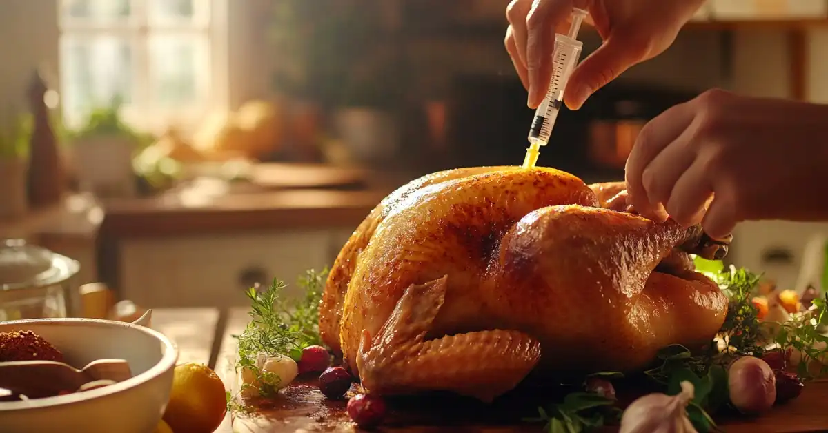 A person injecting a juicy turkey with a marinade using a syringe in a kitchen.