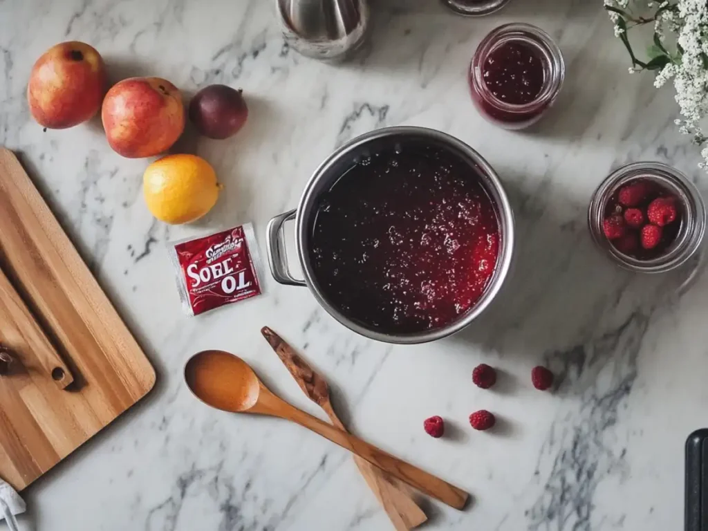 Overhead view of a jam-making setup with fruit, a boiling pot, Sure Jell packet, and jars on a marble countertop.