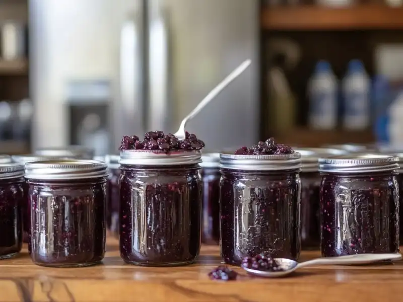 Mason jars filled with fresh homemade blueberry jam, with a spoon resting on top.