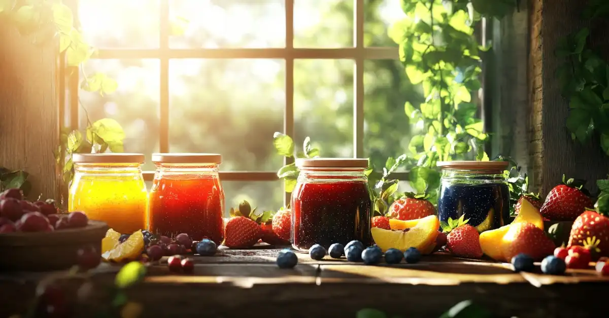 Assorted jars of jam, including strawberry and blueberry, placed by a sunlit window with fresh fruits around them.