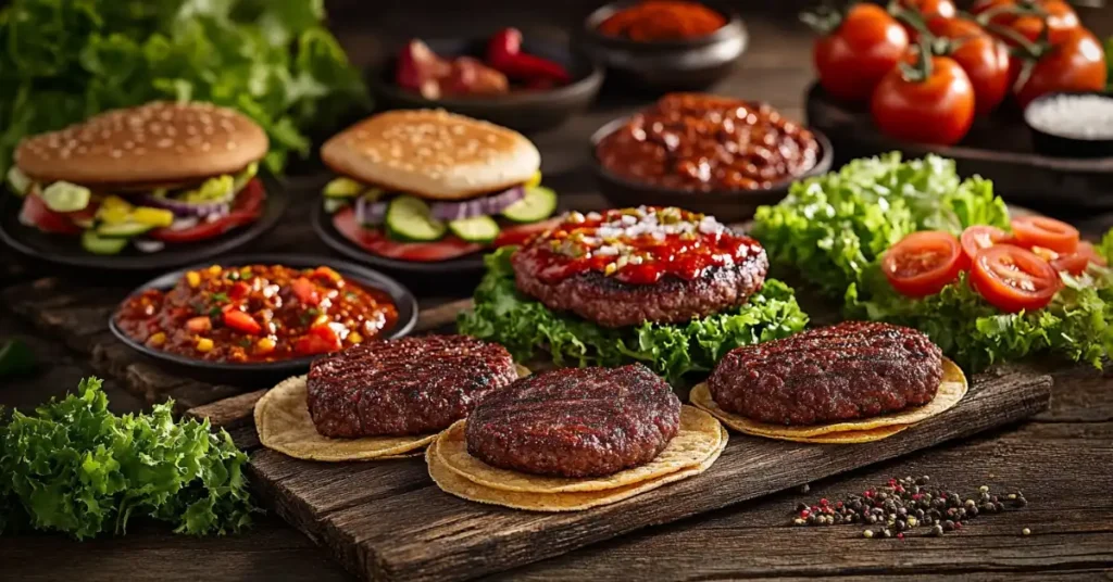 Juicy ground bison burgers served with lettuce, tomatoes, and chili on a rustic wooden table.