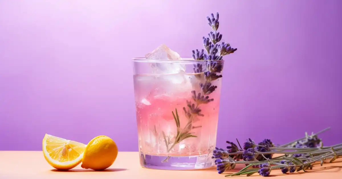 A refreshing lavender lemonade garnished with sprigs of lavender and lemon slices.