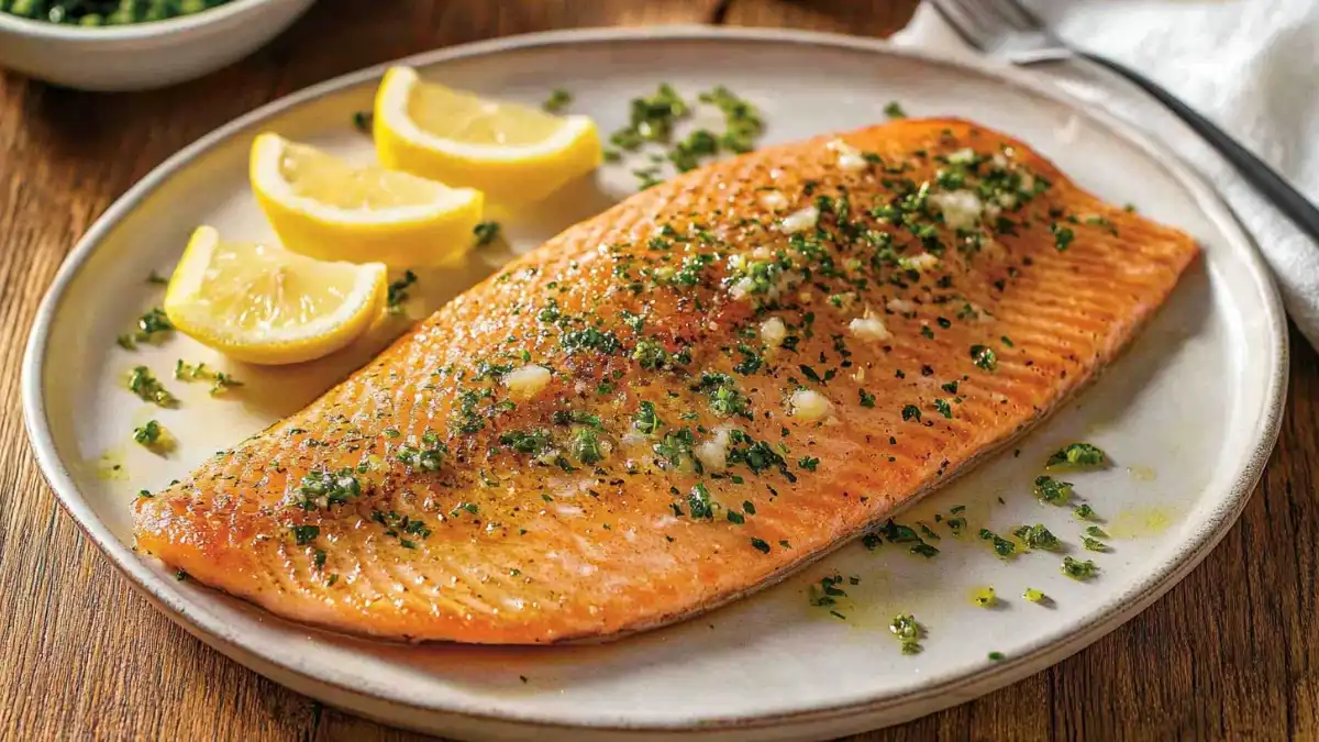 Baked steelhead trout fillet topped with lemon wedges and chopped herbs on a white plate.