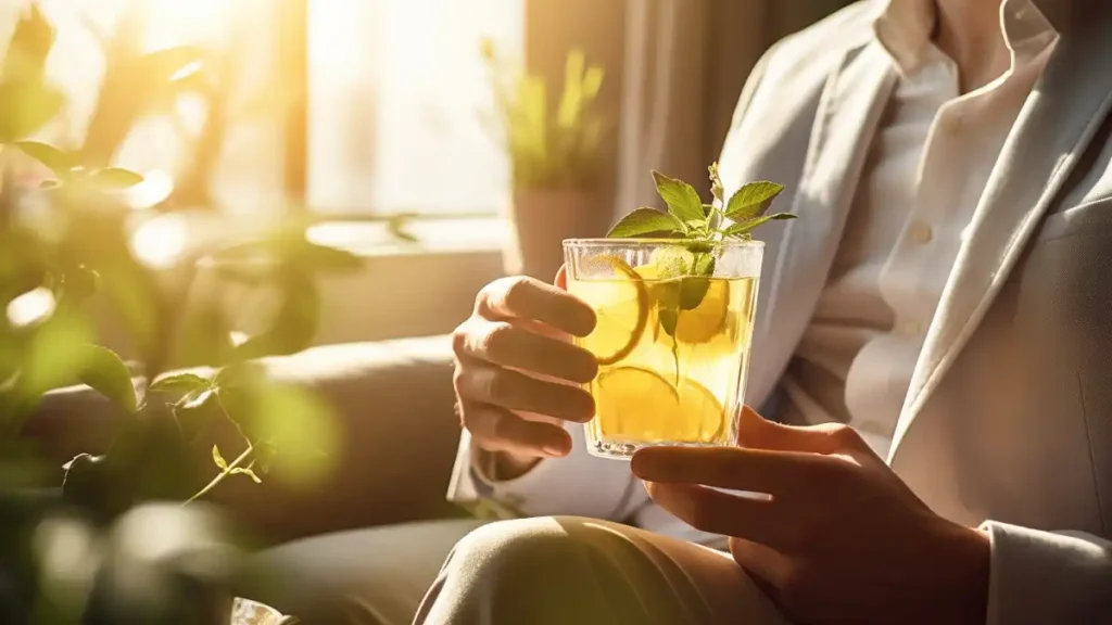 A person holding a glass of lemon and mint tea, illuminated by warm sunlight.