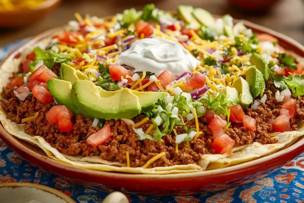 A loaded beef taco salad topped with avocado slices, shredded cheese, tomatoes, and sour cream.