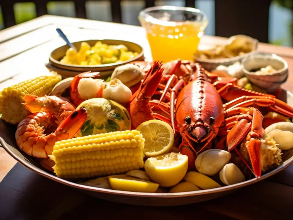A platter featuring a bright red lobster, shrimp, corn on the cob, and lemon wedges, presented outdoors with vibrant lighting.