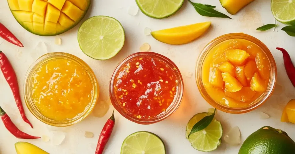 Mango chili jam in jars surrounded by fresh mango slices, lime halves, and chili peppers on a bright countertop.