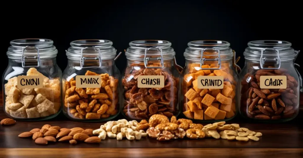 A set of labeled mason jars filled with various snack mixes, including nuts and crackers.