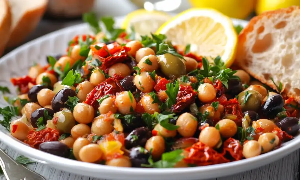 Mediterranean black-eyed peas salad with olives, sun-dried tomatoes, parsley, and lemon wedges.