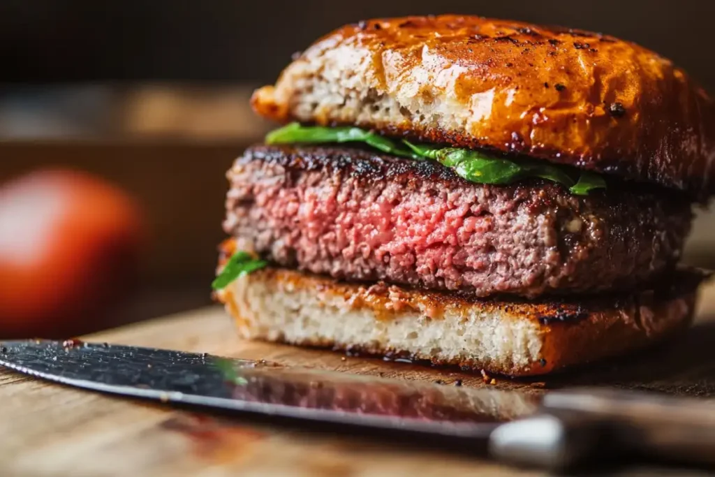 A juicy, medium-rare burger with a seared crust, layered with fresh greens in a bun.